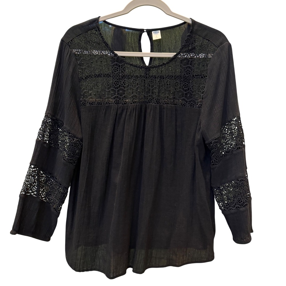 Old Navy Black Crochet Yoke Long Sleeve Cotton Gauze Boho Blouse Large